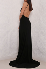 Sexy High Slit Black Open Back Prom Dresses Elegant Long Black Woman Evening Gown