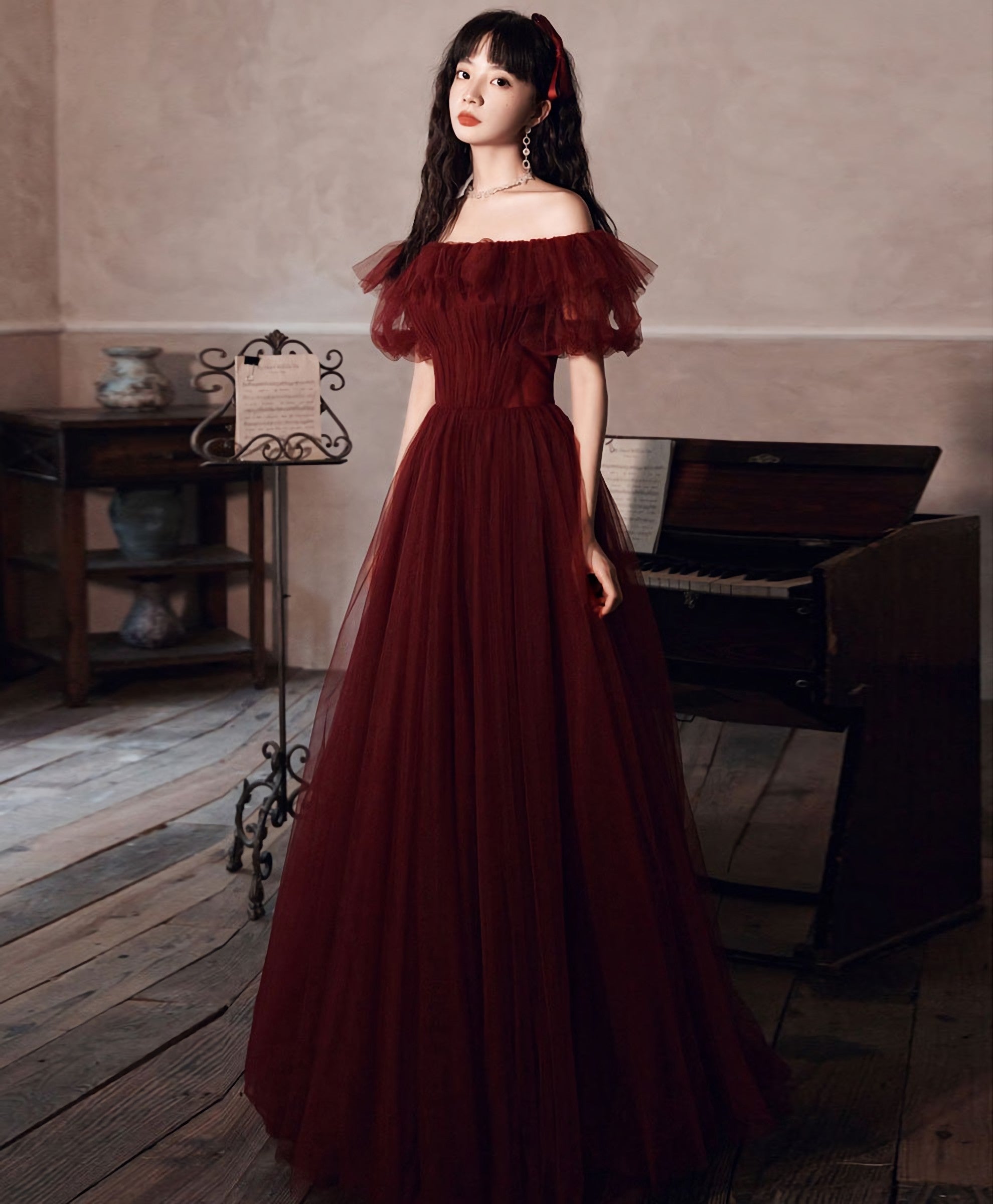 Simple Burgundy Off Shoulder Tulle Long Prom Dress, Burgundy Evening Dress