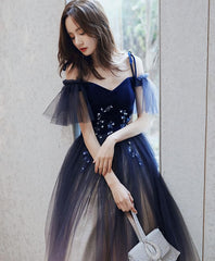 Blue Sweetheart Tulle Off Shoulder Long Prom Dress, Blue Evening Dress