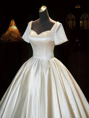 White Sweetheart Satin Long Bridal Dress, White Wedding Dress