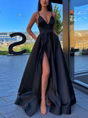 Simple A Line V Neck Satin Long Prom Dress, Satin Evening Dress