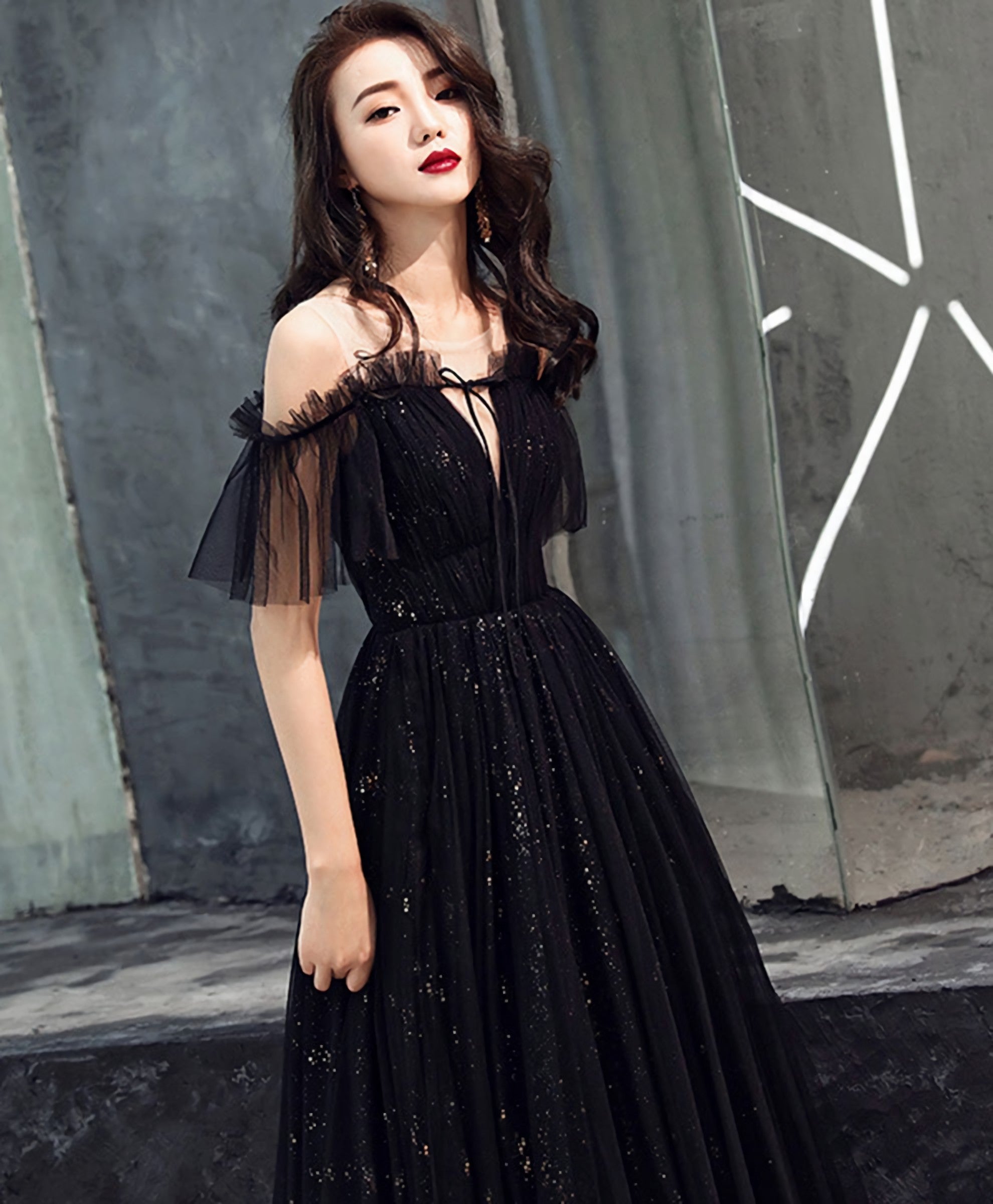 Black Tulle Off Shoulder Long Prom Dress, Black Formal Dress