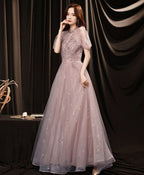 Pink Tulle Lace Sequin Long Prom Dress, Pink Evening Dress