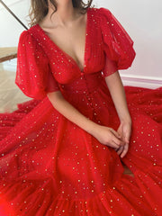 Red V Neck Tulle Tea Length Prom Dress, Red Evening Dress