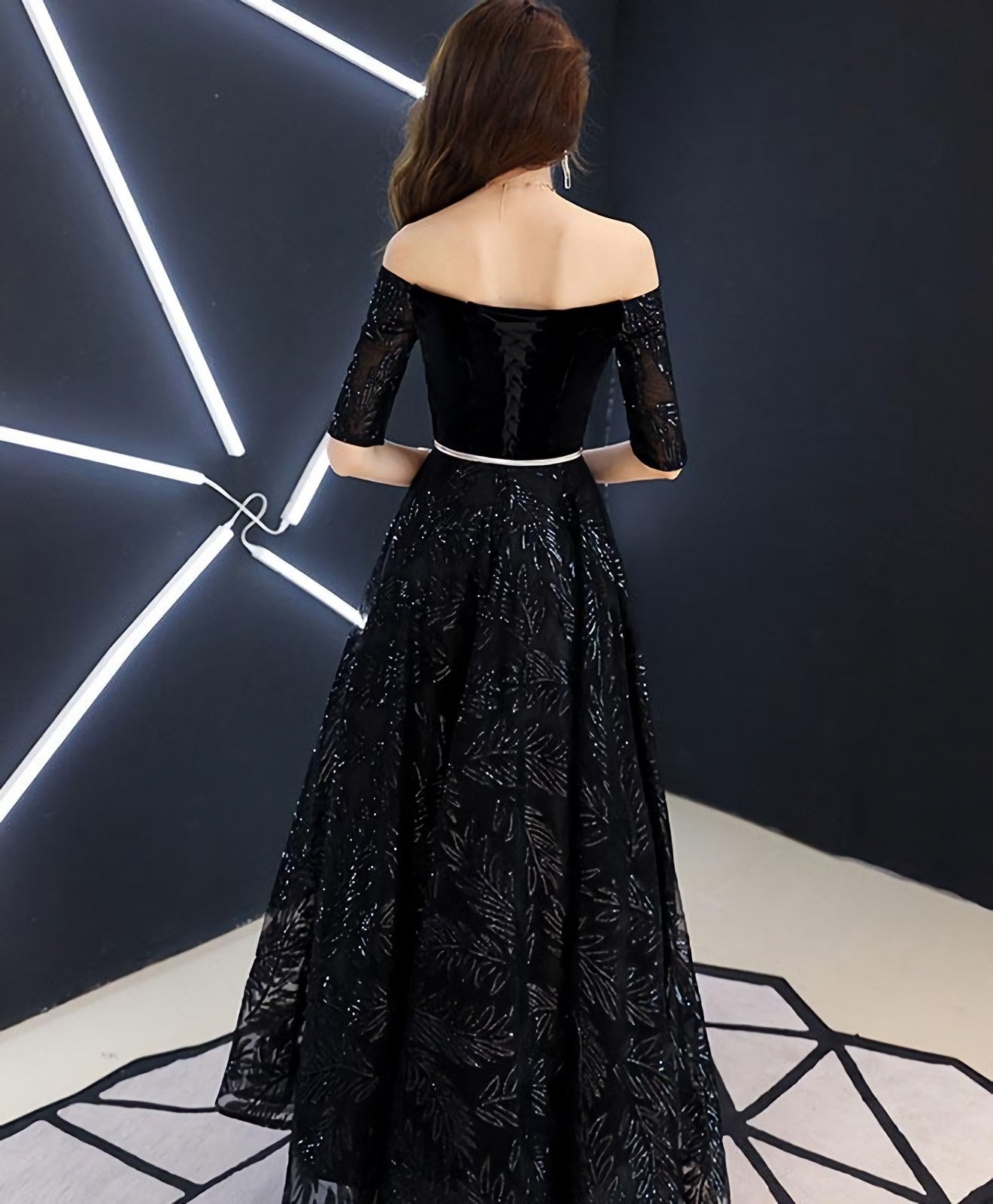 Unique Black Lace Long Prom Dress, Black Lace Evening Dress