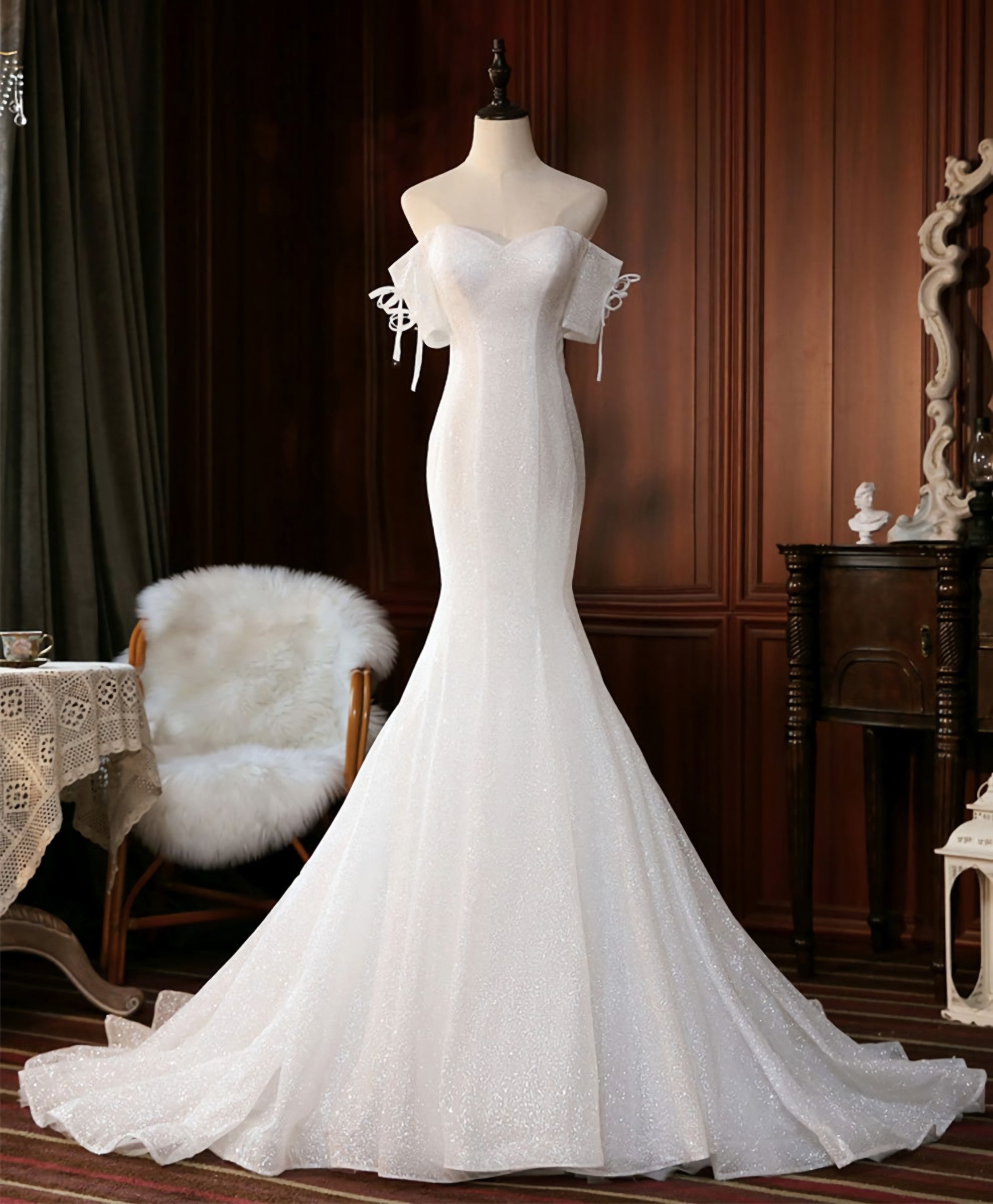 White Sequin Mermaid Long Prom Dress, White Wedding Dress