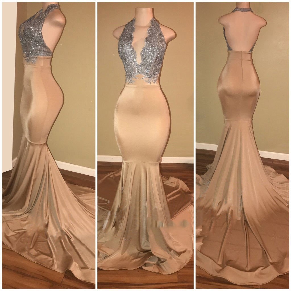Champagne With Silver Appliques Mermaid Deep V Open Front Backless Long Prom Dresses