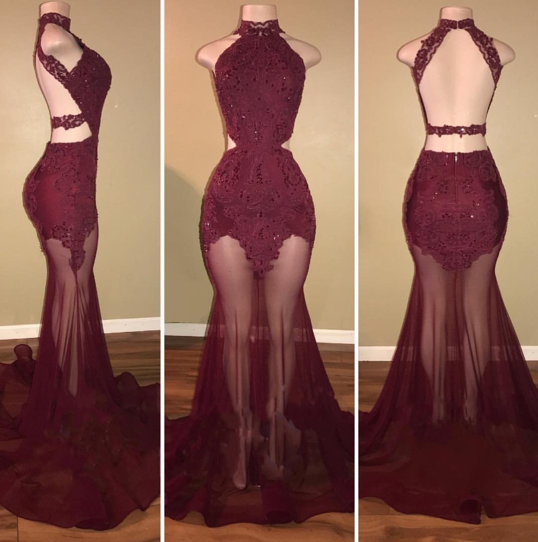Burgundy Mermaid See Through Backless Tulle African Prom Dresses