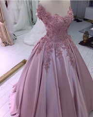Charming Satin Off Shoulder Flowers Dusty Rose Ball Dresses