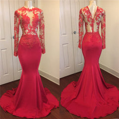 Sexy Mermaid Red See Through Zipper Long Sleeves Long African Prom Dresses