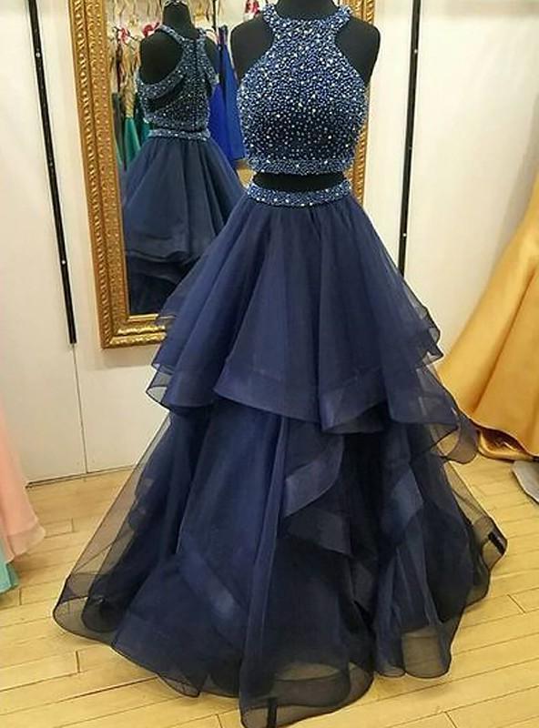 2024 A Line Ruffles Tulle Navy Blue High Neck Two Pieces Prom Dress