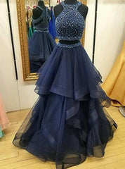 2024 A Line Ruffles Tulle Navy Blue High Neck Two Pieces Prom Dress