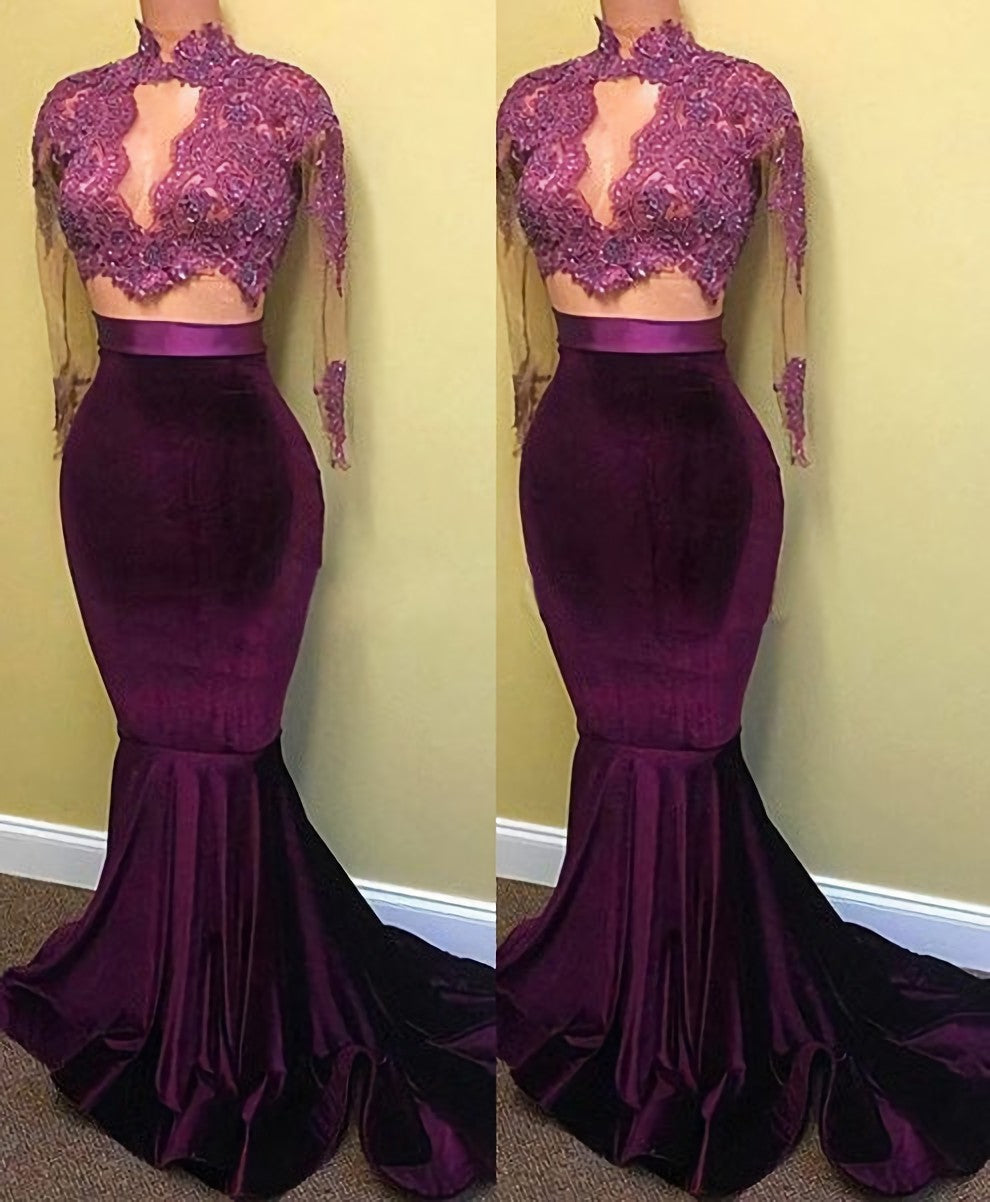 Two Piece Long Sleeve Mermaid Turtle Neck Applique Prom Dresses