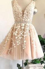 Deep V Neck Ivory Sleeveless A Line Tulle Lace Appliques Pleated Homecoming Dresses