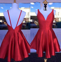 Deep V Neck Red Straps Backless Sleeveless A Line Satin Pleated Homecoming Dresses