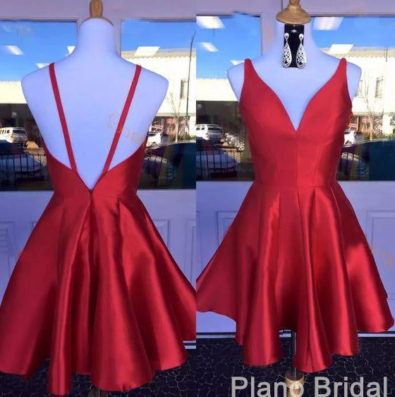 Deep V Neck Red Straps Backless Sleeveless A Line Satin Pleated Homecoming Dresses