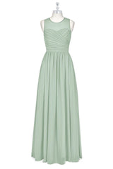 Sage Green Chiffon Sheer Neck A-Line Long Bridesmaid Dress