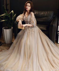Champagne V Neck Tulle Lace Long Prom Dress, Champagne Formal Dress