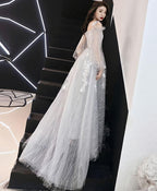 Gray Tulle Lace Long Prom Dress, Gray Tulle Evening Dress, 3