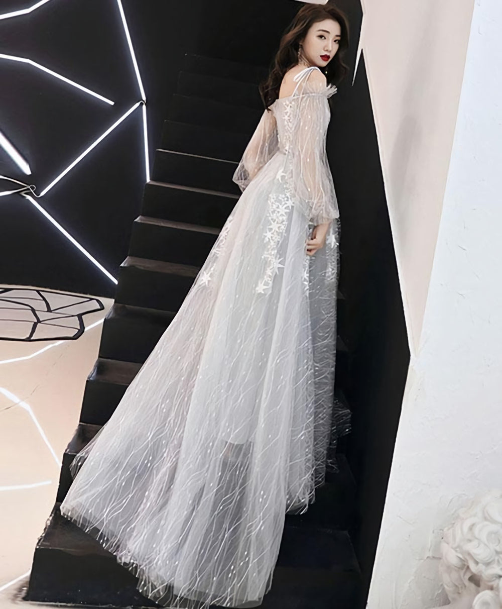 Gray Tulle Lace Long Prom Dress, Gray Tulle Evening Dress, 3