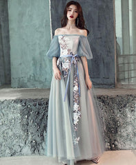 Gray Blue Tulle Lace Long Prom Dress, Gray Blue Evening Dress