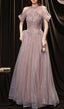Pink Tulle Lace Sequin Long Prom Dress, Pink Evening Dress