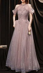Pink Tulle Lace Sequin Long Prom Dress, Pink Evening Dress