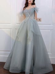 Gray Blue Sweetheart Neck Tulle Long Prom Dress, Gray Evening Dress