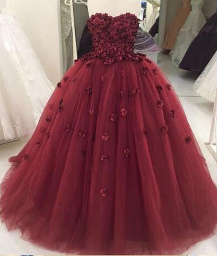 Strapless Tulle With Appliques Lace Up Back Burgundy Ball Dresses