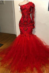 Mermaid 2024 Red Long Sleeves Tulle Beaded Long Prom Dresses