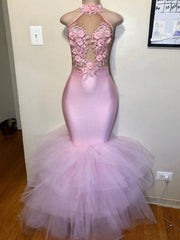 2024 Mermaid Tulle Halter Pink Floral Backless Long Prom Dresses