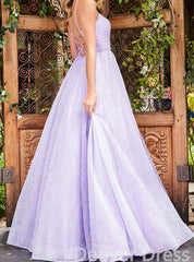 Lilac Sleeveless A Line Sequins Long Prom Dresses