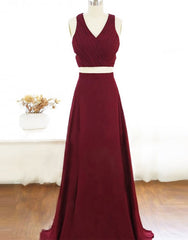 Two Piece Prom Dresses A-Line Floor-length Burgundy Chiffon Prom Dress