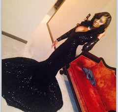 Charming Black Sequins Long-Sleeves Deep-V-Neck Alluring Prom Dresses