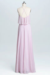Pink Straps Flounce Chiffon A-line Long Bridesmaid Dress