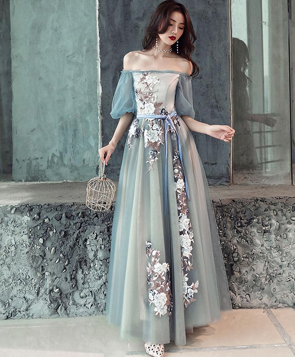 Gray Blue Tulle Lace Long Prom Dress, Gray Blue Evening Dress