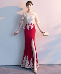 Burgundy Lace Mermaid Long Prom Dress, Lace Formal Dress