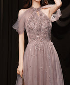 Pink Tulle Lace Sequin Long Prom Dress, Pink Evening Dress