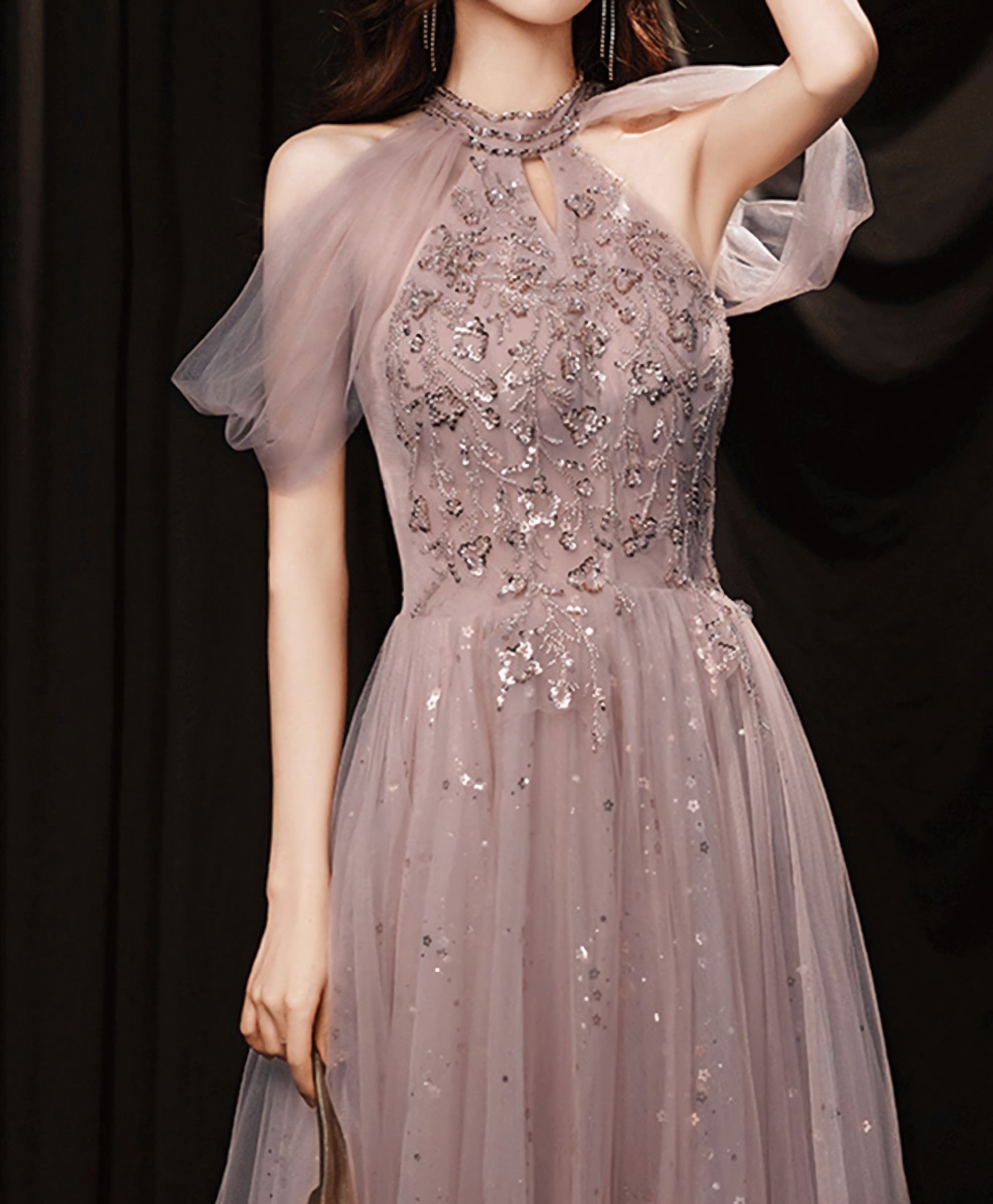 Pink Tulle Lace Sequin Long Prom Dress, Pink Evening Dress