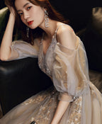 Champagne V Neck Tulle Lace Long Prom Dress, Champagne Formal Dress