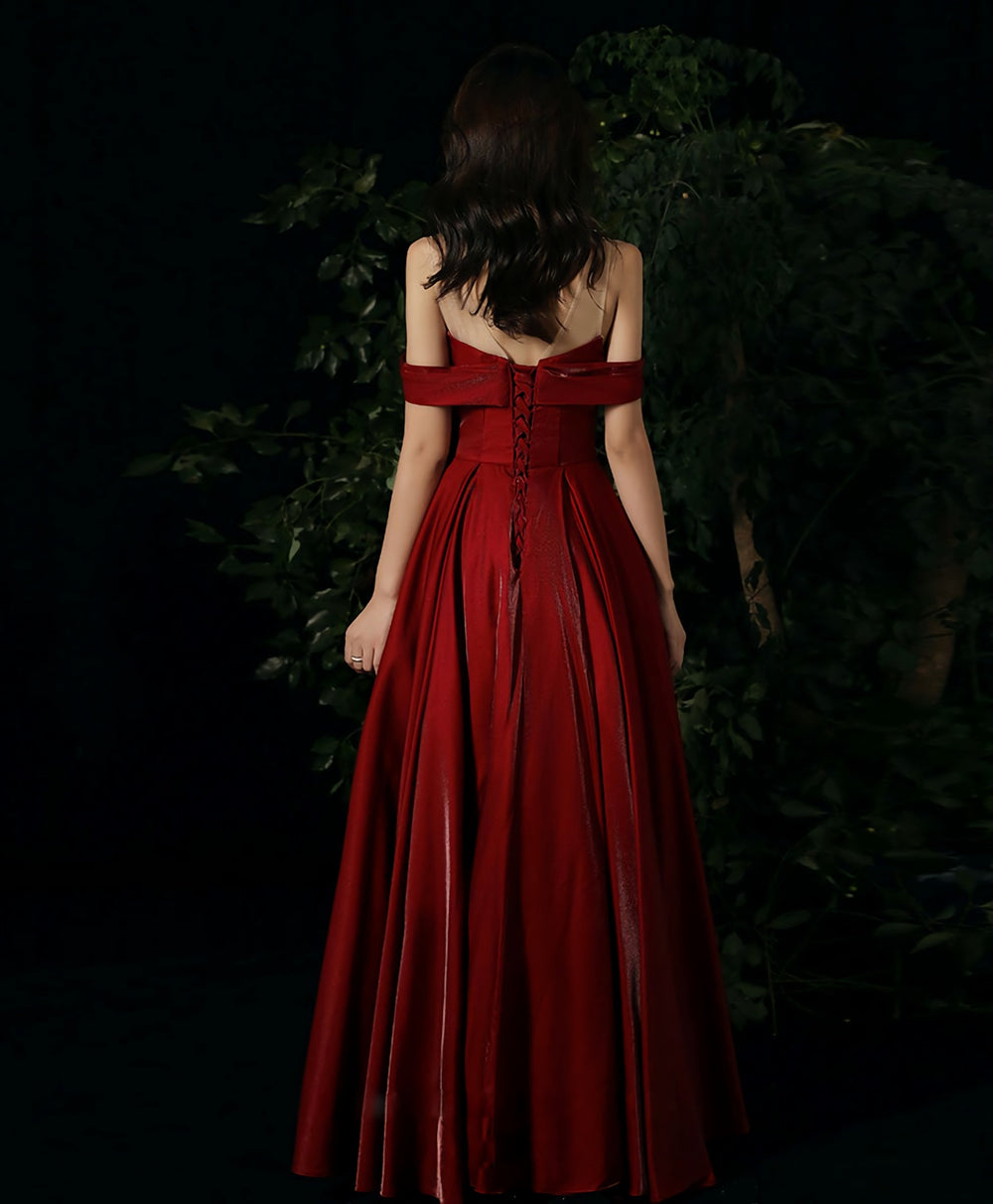 Burgundy Round Neck Beads Long Prom Dress, Burgundy Evening Dress