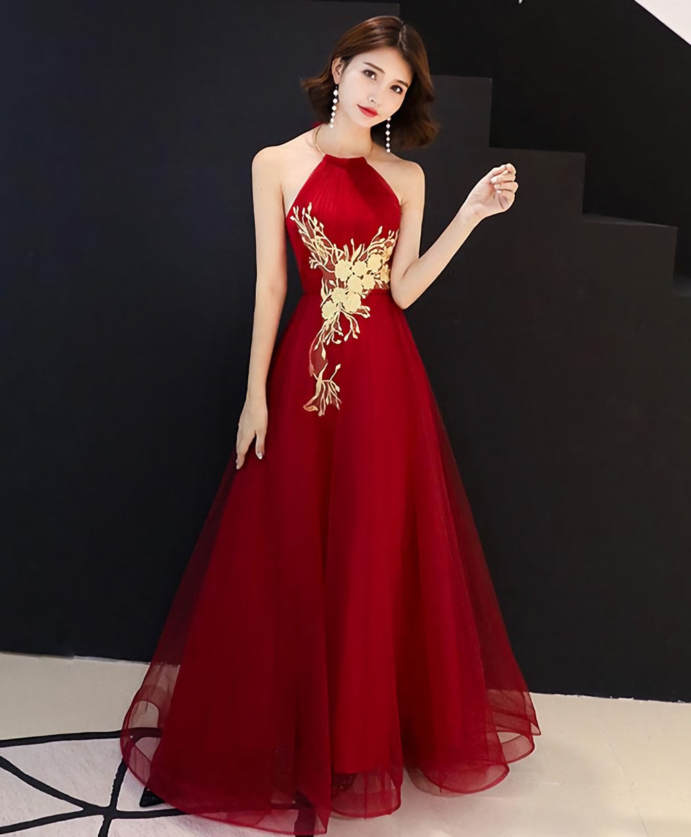 Burgundy Tulle Lace Long Prom Dress, Burgundy Tulle Evening Dress, 2