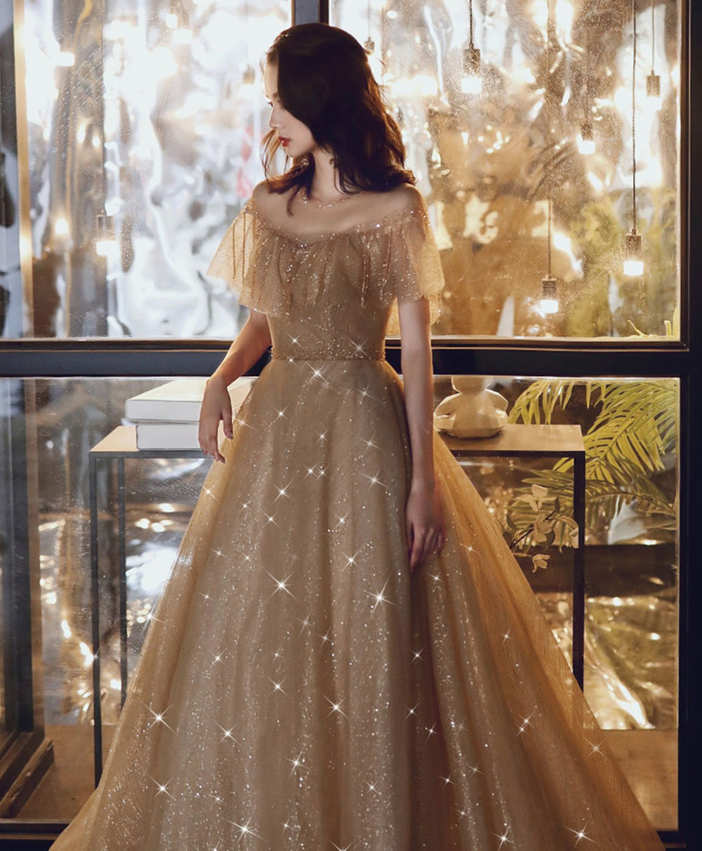 Champagne Round Neck Tulle Sequin Long Prom Dress, Tulle Formal Dress