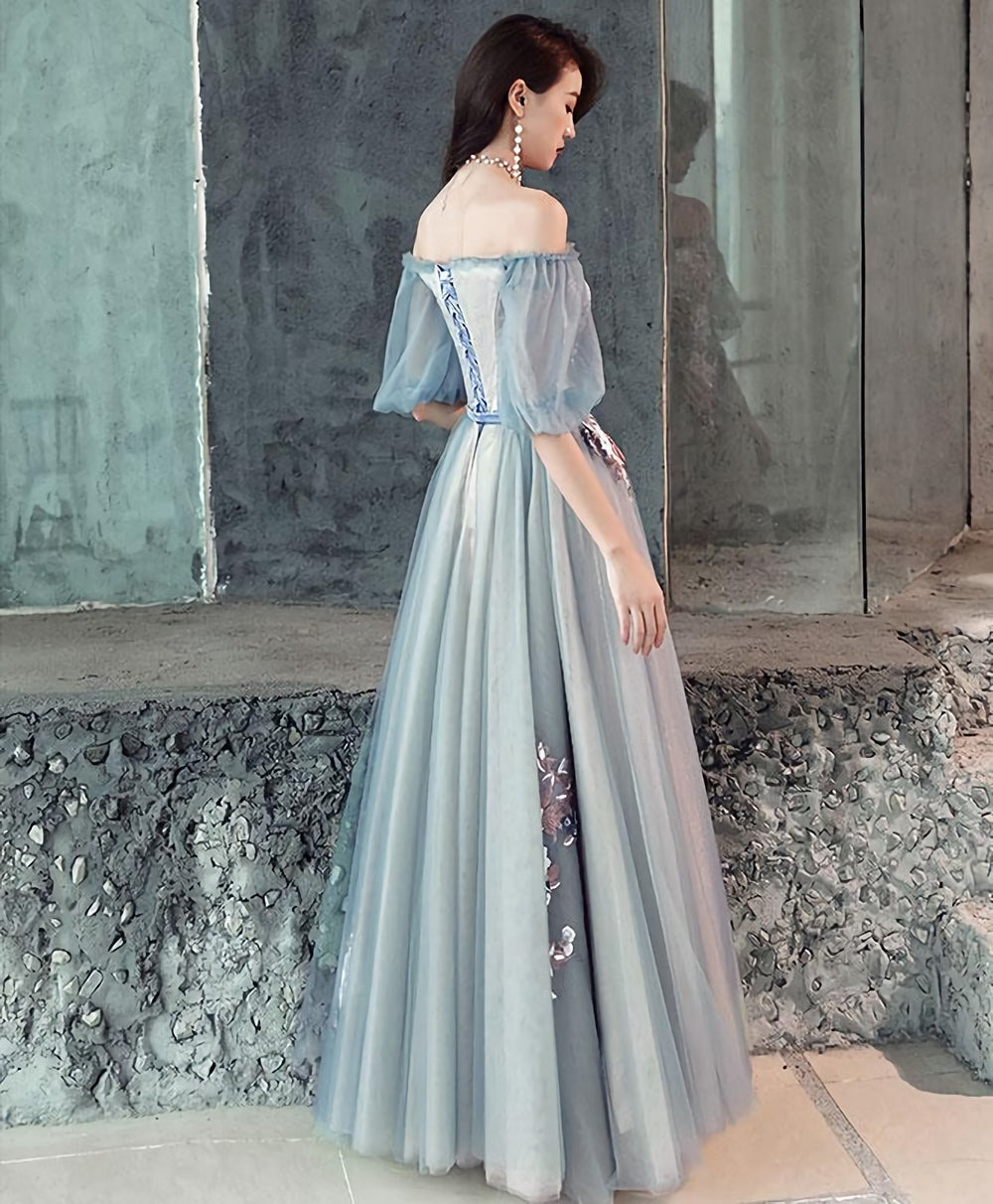 Gray Blue Tulle Lace Long Prom Dress, Gray Blue Evening Dress