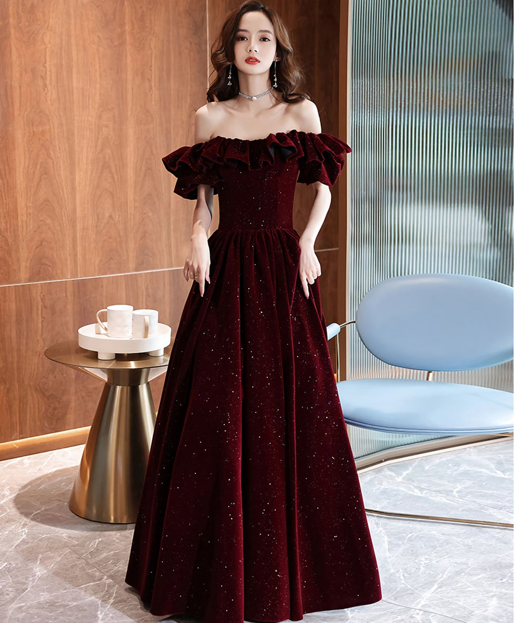 Simple Burgundy Velvet Long Prom Dress, Burgundy Bridesmaid Dress