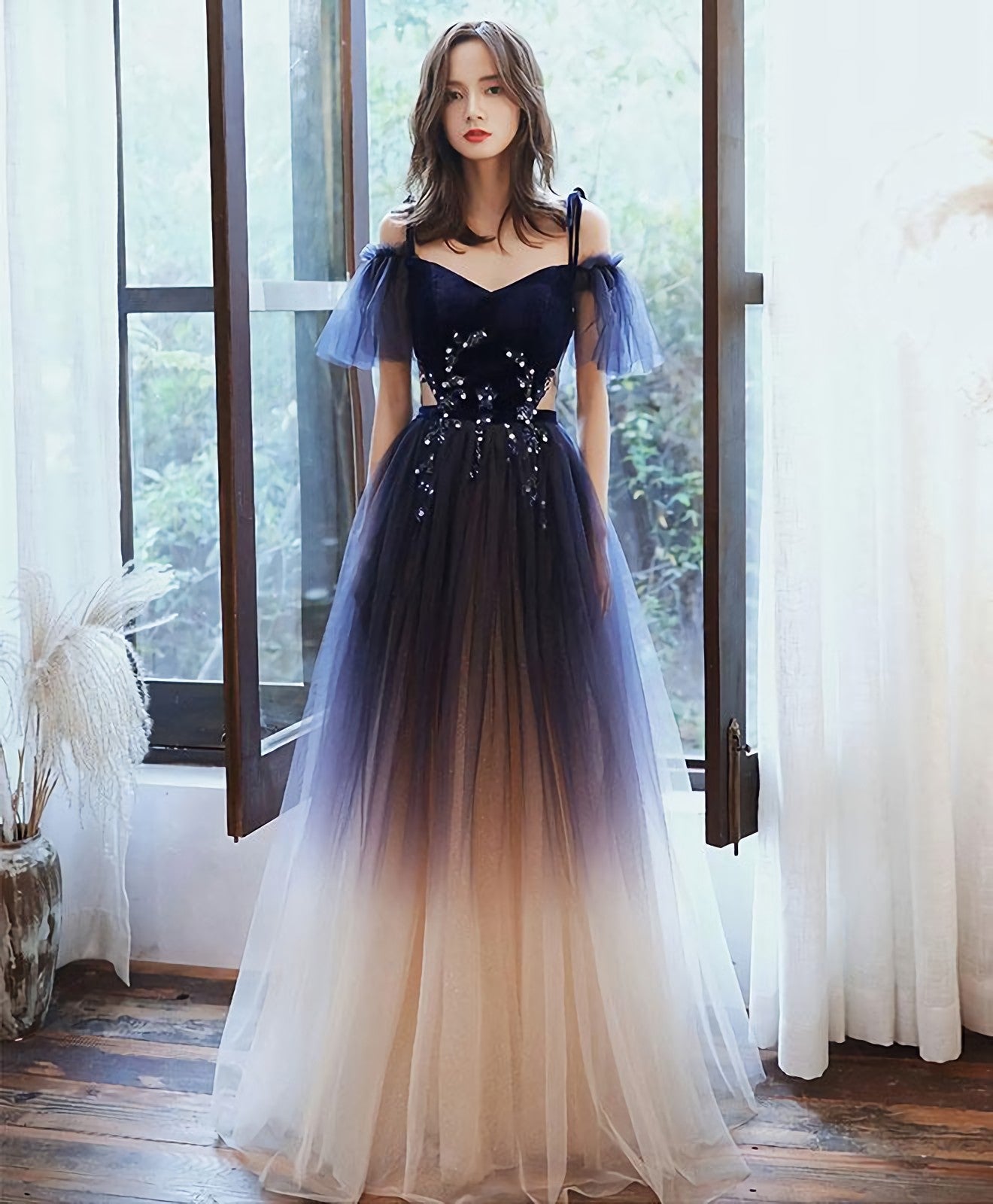 Blue Sweetheart Tulle Off Shoulder Long Prom Dress, Blue Evening Dress Main image