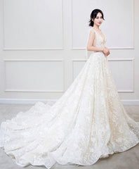 White V Neck Lace Long Prom Dress, White Lace Wedding Dress