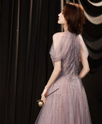 Pink Tulle Lace Sequin Long Prom Dress, Pink Evening Dress