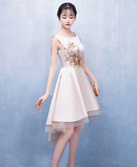 Champagne Satin Lace Short Prom Dress, Champagne Homecoming Dress