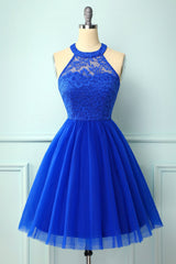 Halter kongeblå blonder kjole